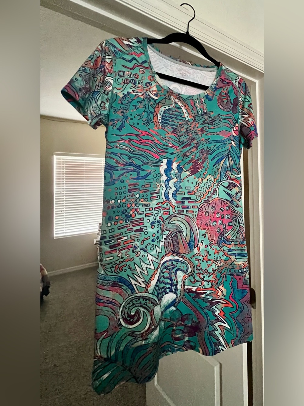 Reel Legends Teal Multi Abstract Print Dress—like new!